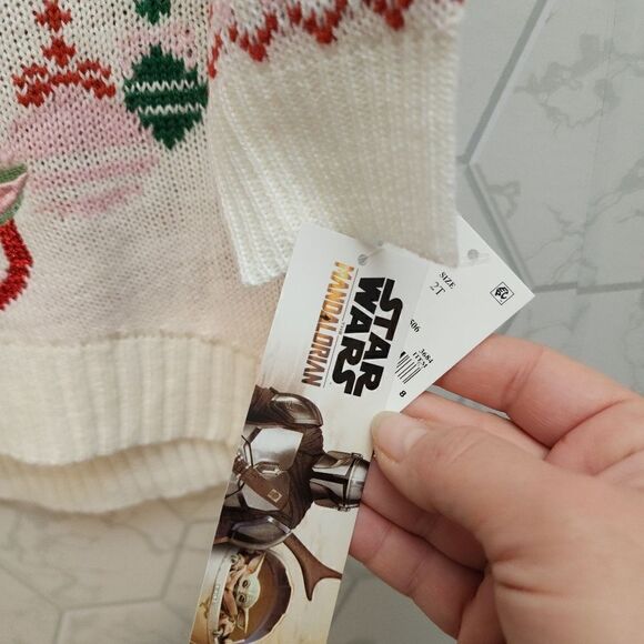 Nwt Toddler Girls' Star Wars Baby Yoda Christmas Ugly Pullover Sweater - Beige - Picture 7 of 8